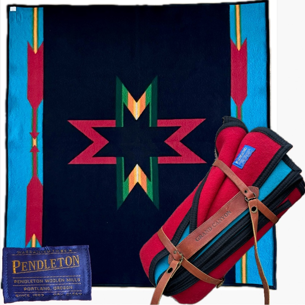 Rare⭐️Pendleton Sioux Star Reversible Blanket w/Grand Canyon Leather Carrier